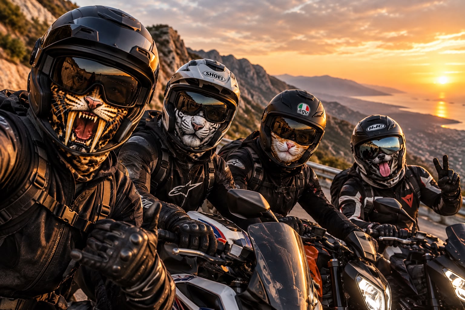 Four motorcyclists wearing animal-print balaclavas on a coastal mountain road at sunset